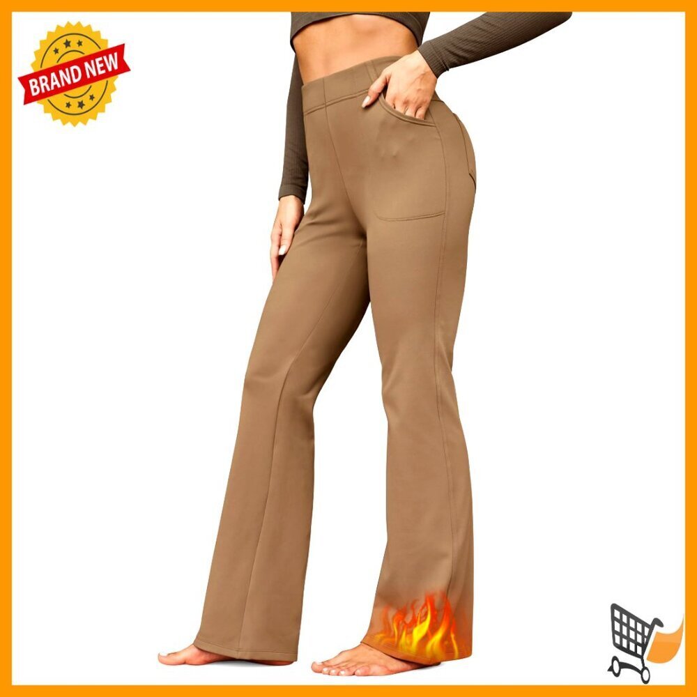 Fleece Lined Yoga Pants with Pockets High Waisted Bootcut Winter Work Slacks